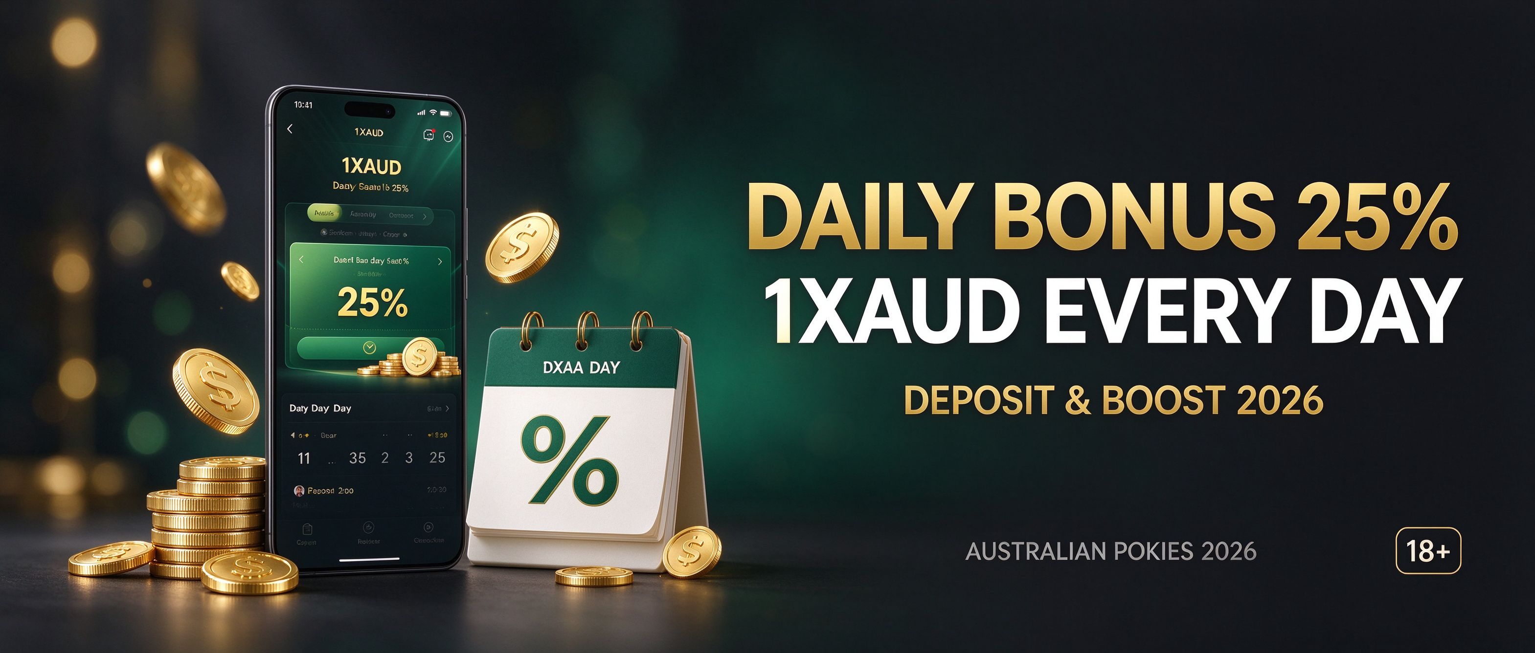 1XAUD daily bonus 25 percent, deposit and boost every day 2026